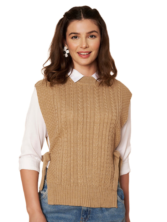 Women's Camel Cable Knit Side-Tie Sweater Vest