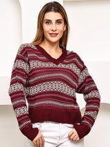 Maroon V-Neck Fair Isle Sweater for Women – Geometric Jacquard Knit