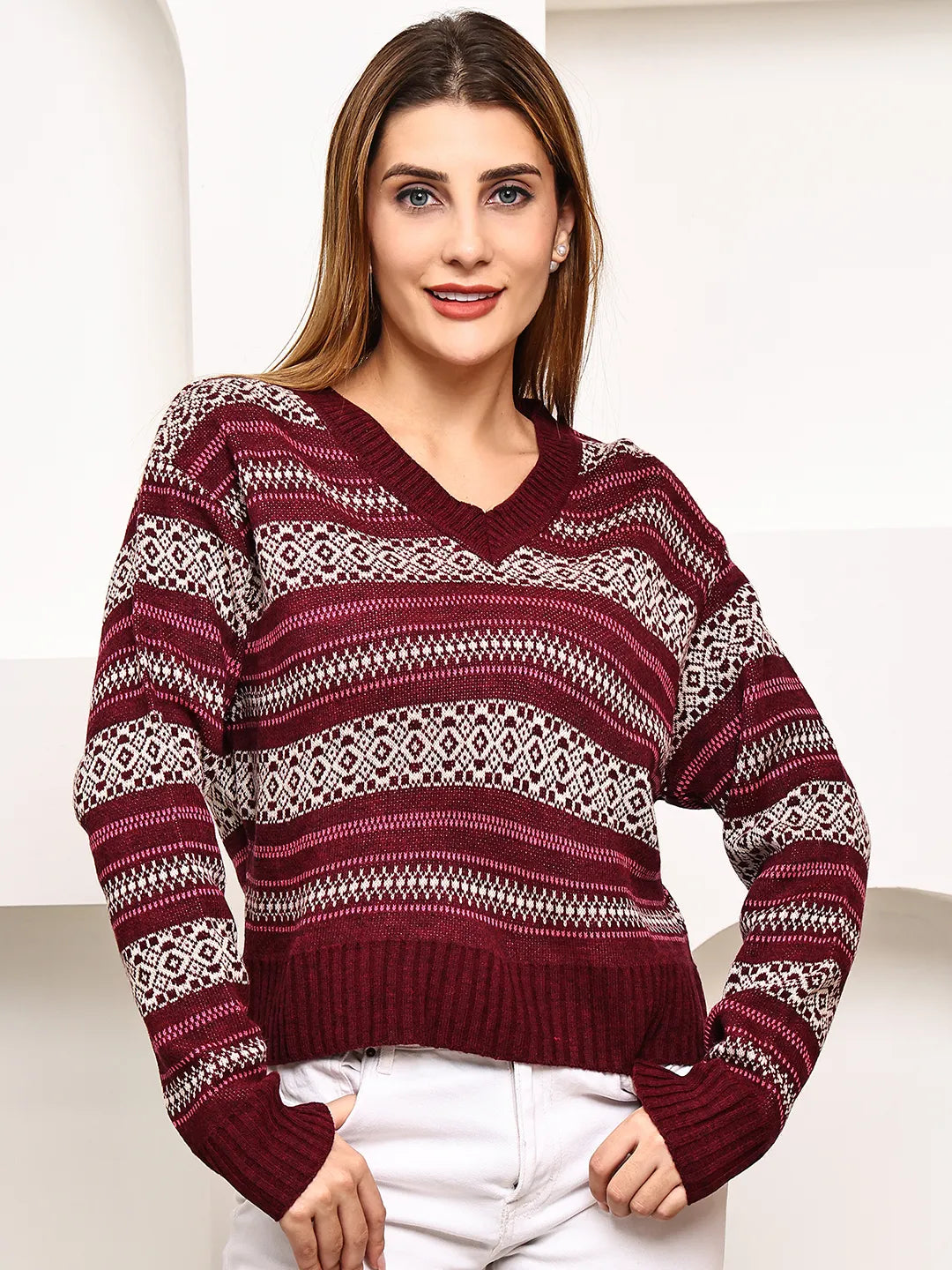 Maroon V-Neck Fair Isle Sweater for Women – Geometric Jacquard Knit