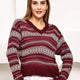 Maroon V-Neck Fair Isle Sweater for Women – Geometric Jacquard Knit