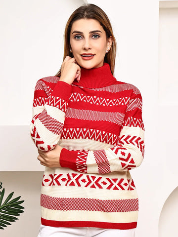Red & Cream Graphic Patterned Turtleneck Sweater for Women – Geometric Jacquard