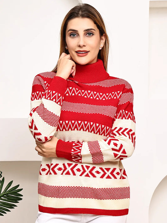 Red & Cream Graphic Patterned Turtleneck Sweater for Women – Geometric Jacquard
