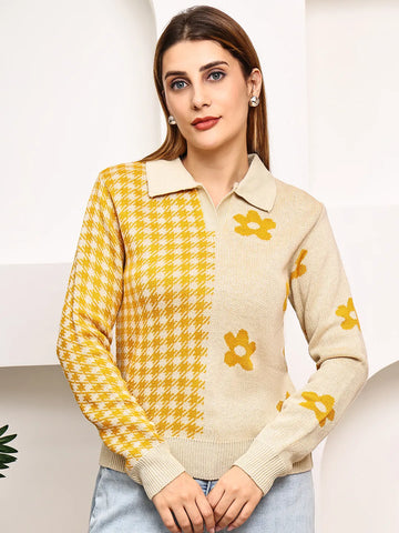 Beige & Mustard Floral Polo Sweater Top for Women – Jacquard Knit