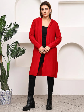 Red Cable-Knit Hoodie Shrug for Women