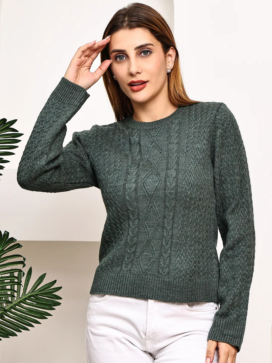 Dark Green Cable-Knit Round Neck Top