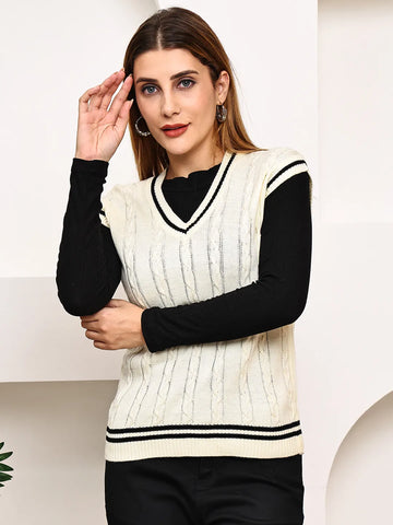 Cream Cable-Knit Varsity Sleeveless