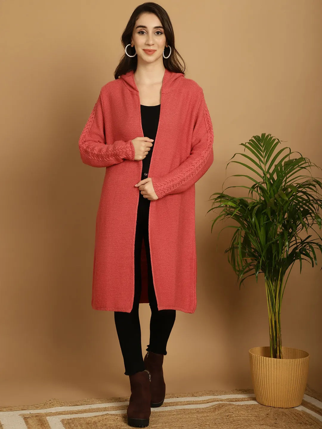 Dusty Peach Cable-Knit Hoodie Shrug for Women
