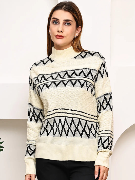Ivory & Black Mock Neck Sweater for Women – Diamond Jacquard Knit