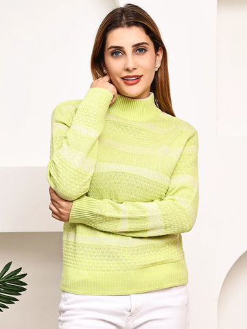 Lime Green Mock Neck Textured Knit Sweater for Women – Geometric Jacquard