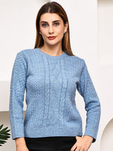 Sky Blue Cable-Knit Round Neck Top