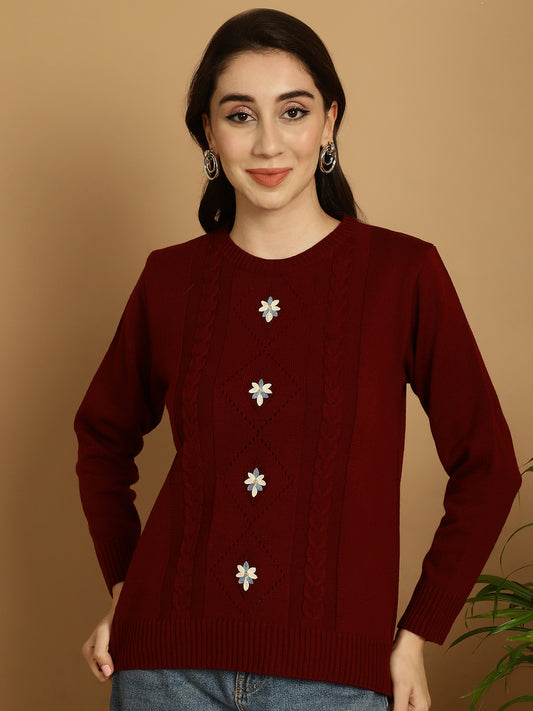 Maroon Women Embroidered Relaxed Fit Top
