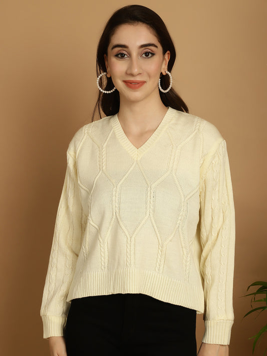 Elegant Cream Cable-Knit V-Neck Full Sleeve Top