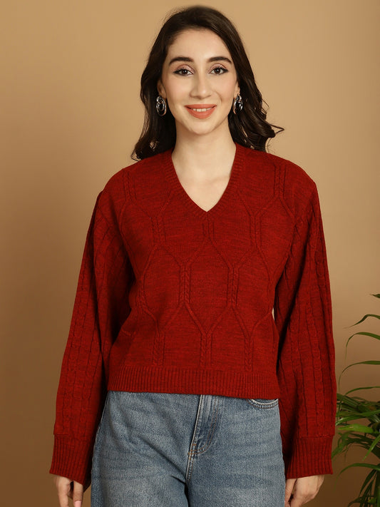 Rust Red Cable-Knit V-Neck Full Sleeve Top