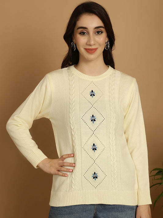 Ivory Cream Women Embroidered Relaxed Fit Top