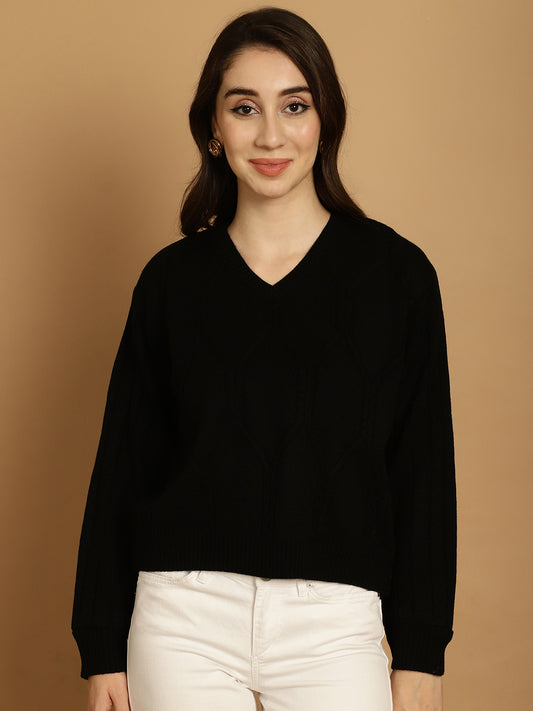 Classic Black Cable-Knit V-Neck Full Sleeve Top