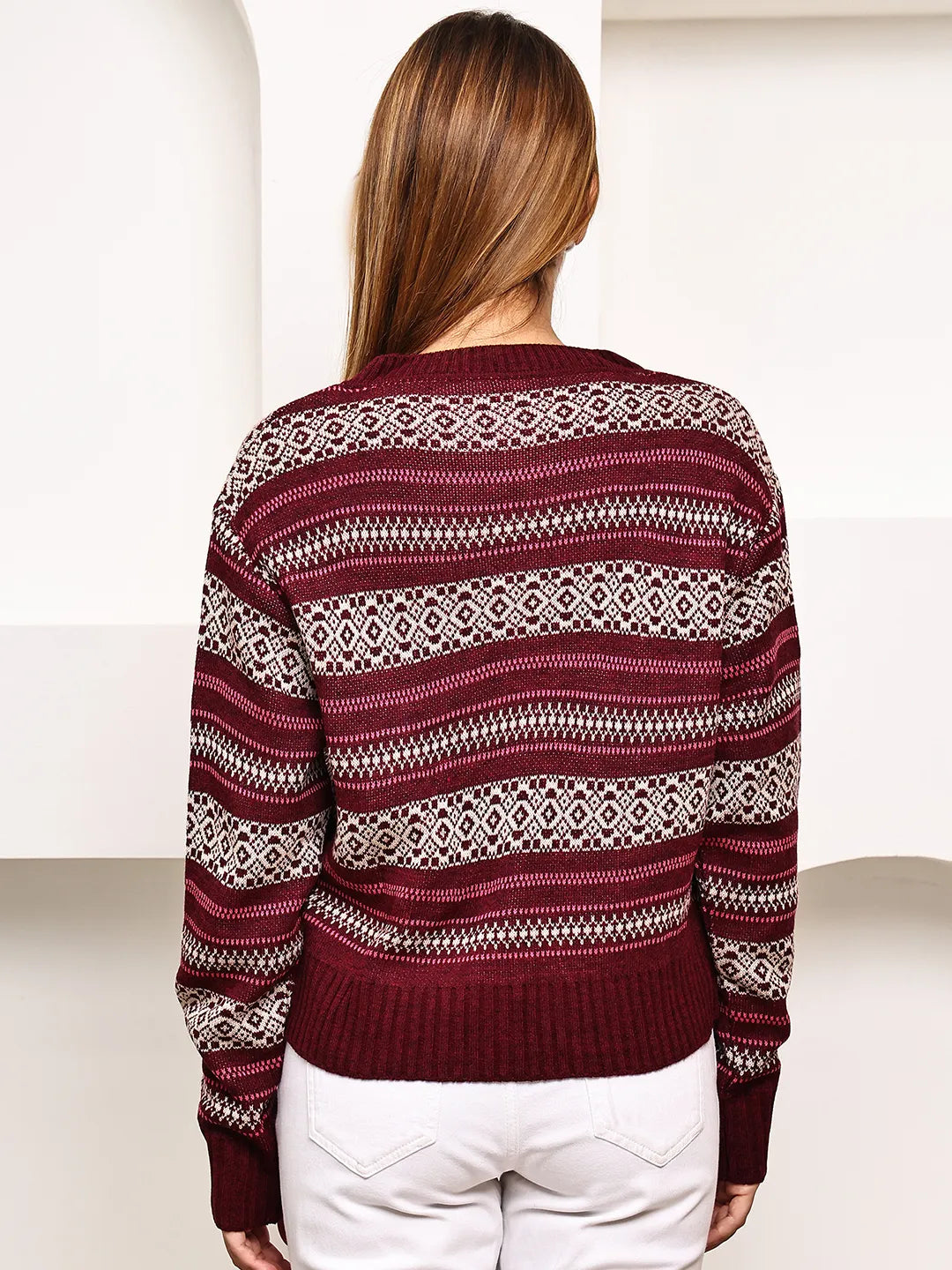 Maroon V-Neck Fair Isle Sweater for Women – Geometric Jacquard Knit