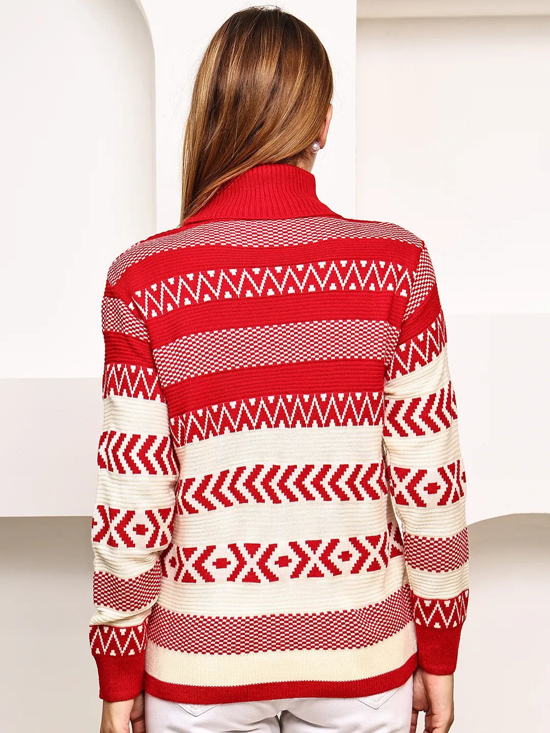 Red & Cream Graphic Patterned Turtleneck Sweater for Women – Geometric Jacquard