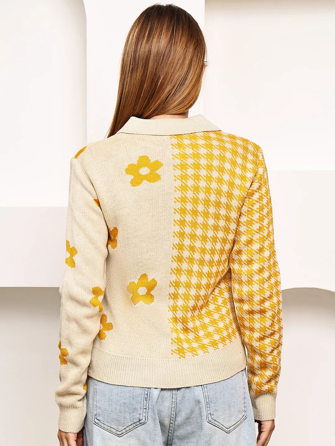 Beige & Mustard Floral Polo Sweater Top for Women – Jacquard Knit
