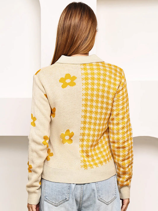 Beige & Mustard Floral Polo Sweater Top for Women – Jacquard Knit