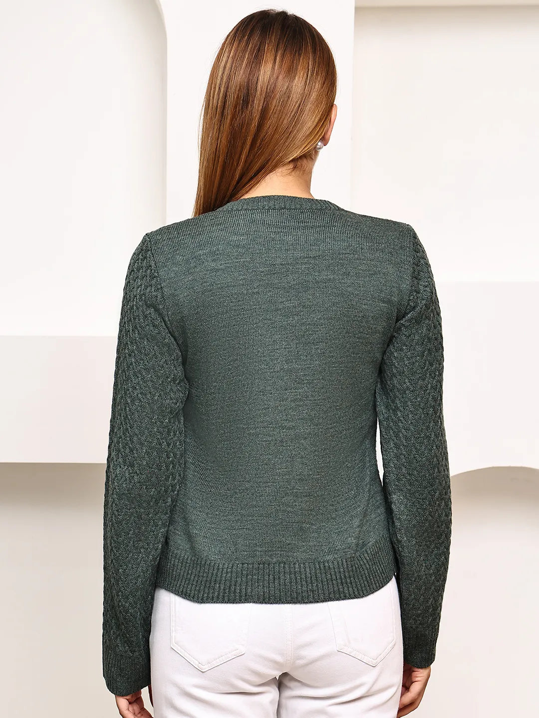 Dark Green Cable-Knit Round Neck Top
