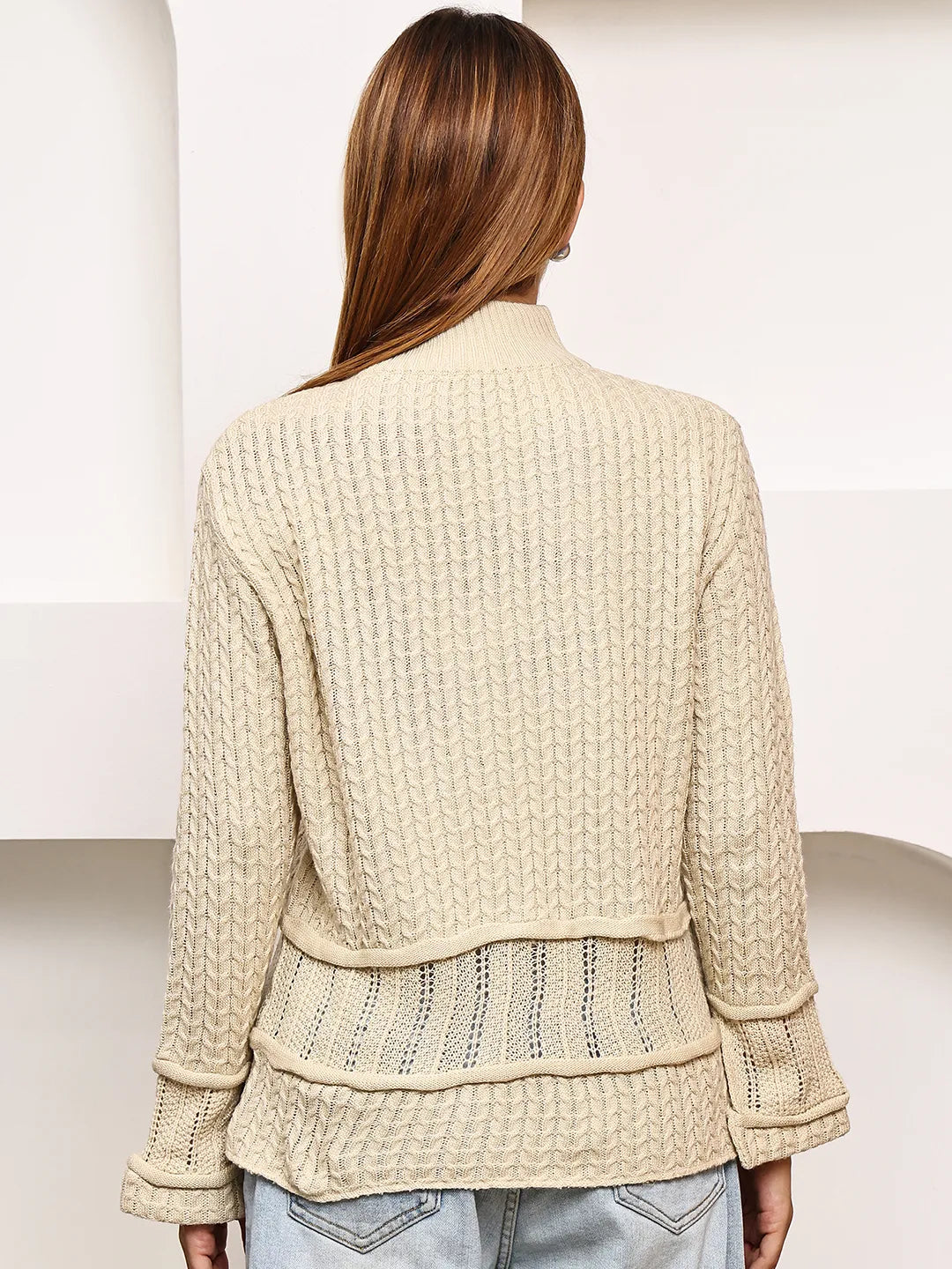 Cream High-Neck Cable Knit Sweater for Women – Soft Acrylic, Stylish Self-Design