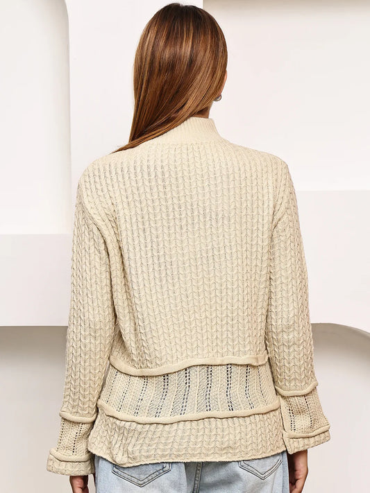 Cream High-Neck Cable Knit Sweater for Women – Soft Acrylic, Stylish Self-Design