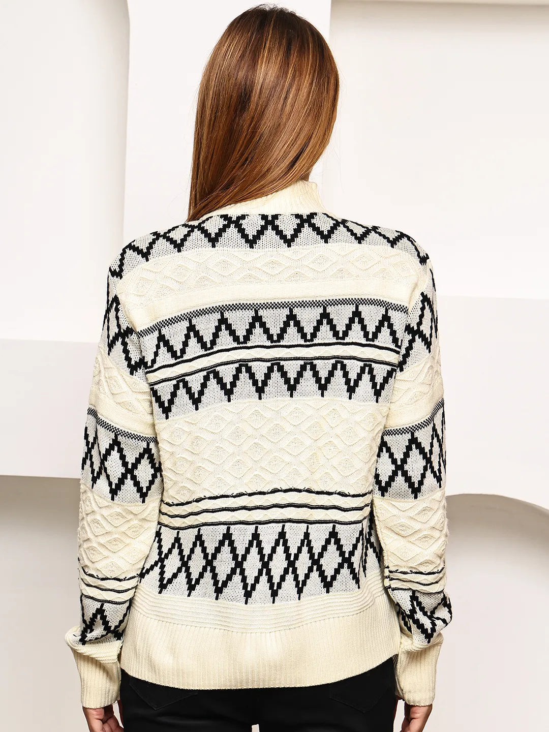 Ivory & Black Mock Neck Sweater for Women – Diamond Jacquard Knit