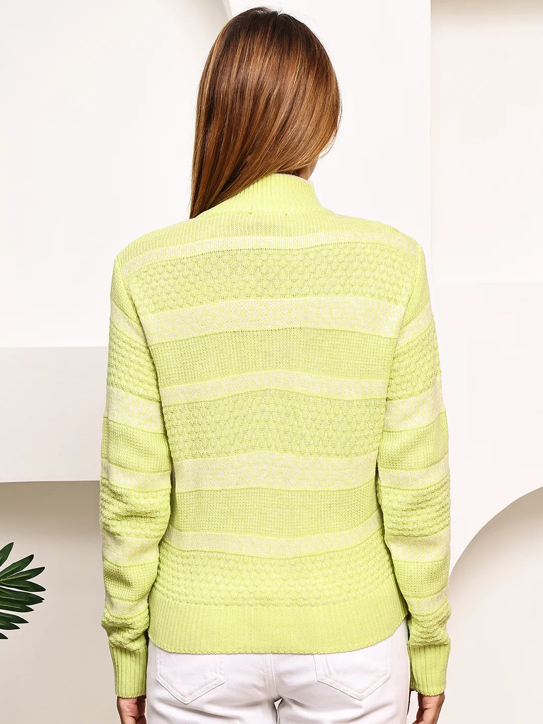 Lime Green Mock Neck Textured Knit Sweater for Women – Geometric Jacquard