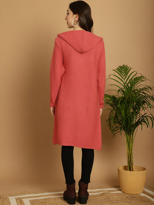 Dusty Peach Cable-Knit Hoodie Shrug for Women