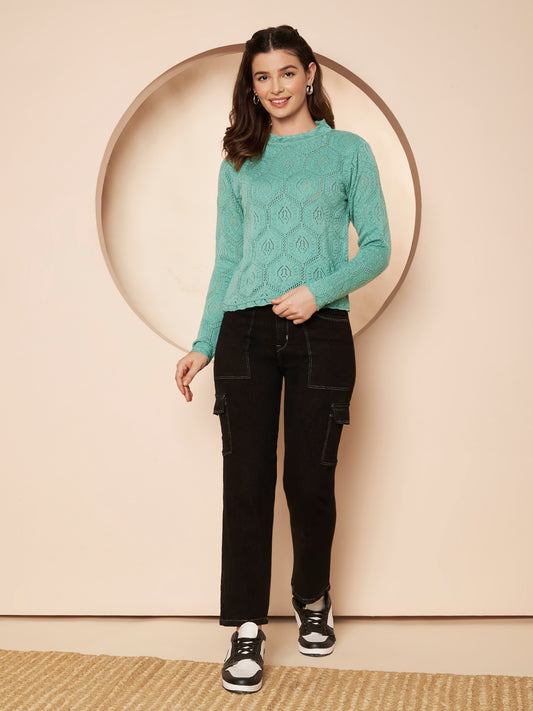 Women's Turquoise Pointelle Knit Sweater
