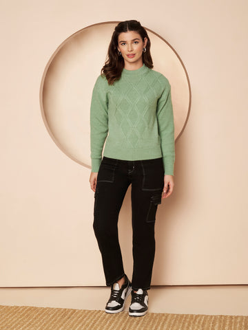 Women's Pistachio Green Diamond Knit Sweater