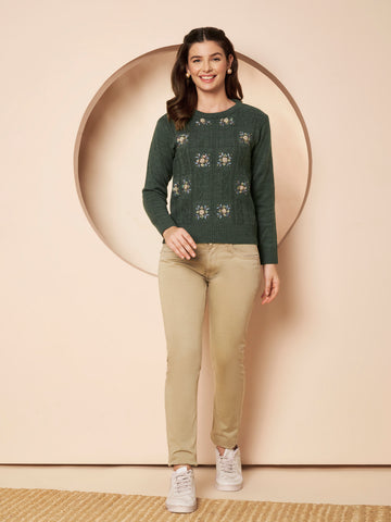 Women's Mehndi Green Embellished Knit Sweater