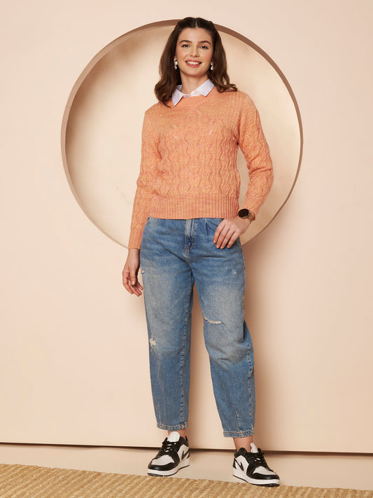 Women's Orange Textured Knit Pullover Sweater