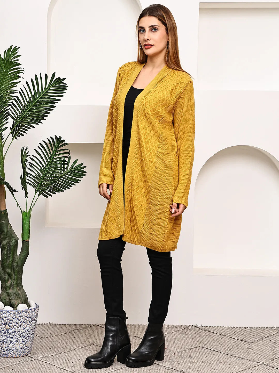 Mustard Cable-Knit Shrug for Women