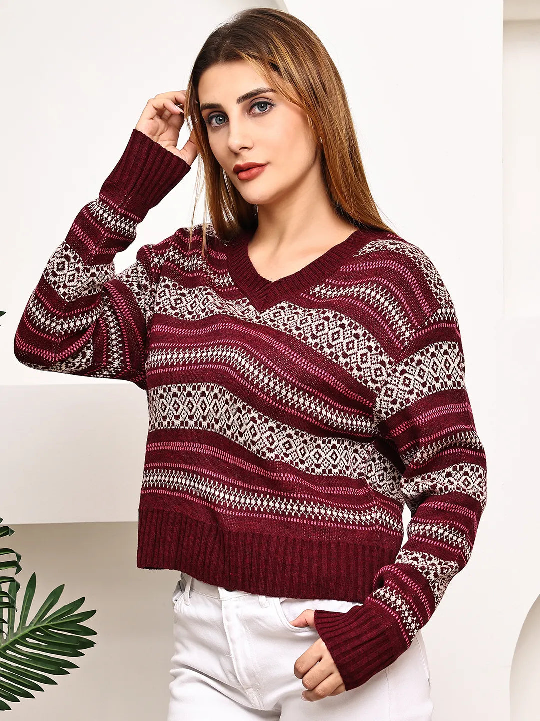 Maroon V-Neck Fair Isle Sweater for Women – Geometric Jacquard Knit