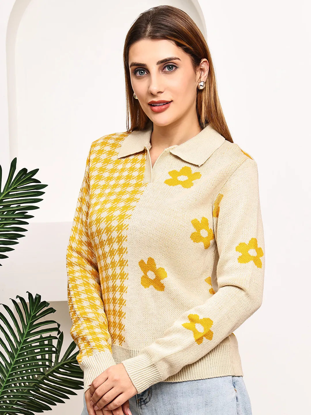 Beige & Mustard Floral Polo Sweater Top for Women – Jacquard Knit