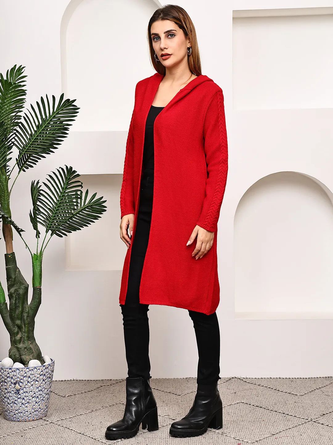 Red Cable-Knit Hoodie Shrug for Women