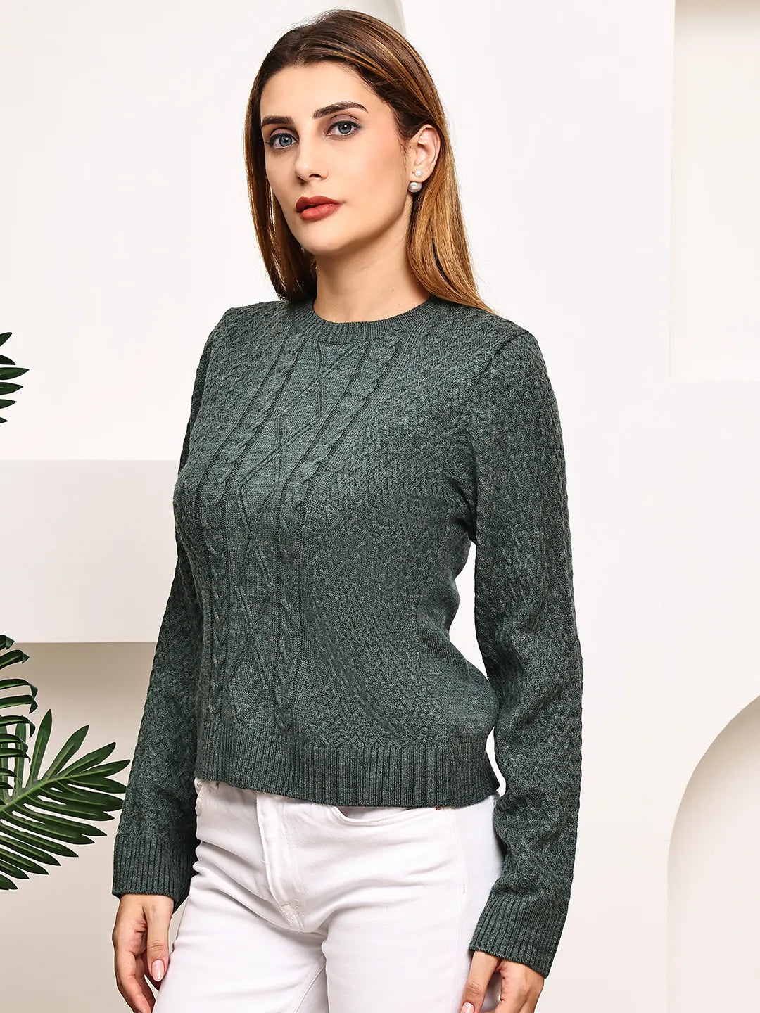 Dark Green Cable-Knit Round Neck Top