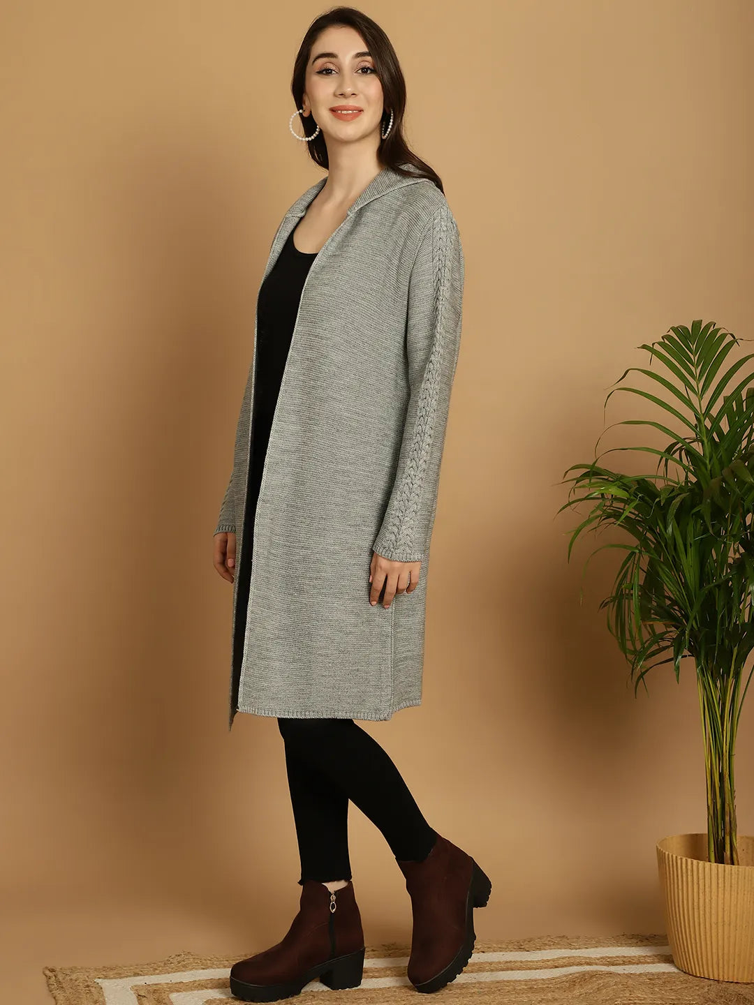 Heather Grey Cable-Knit Hoodie Shrug for Women