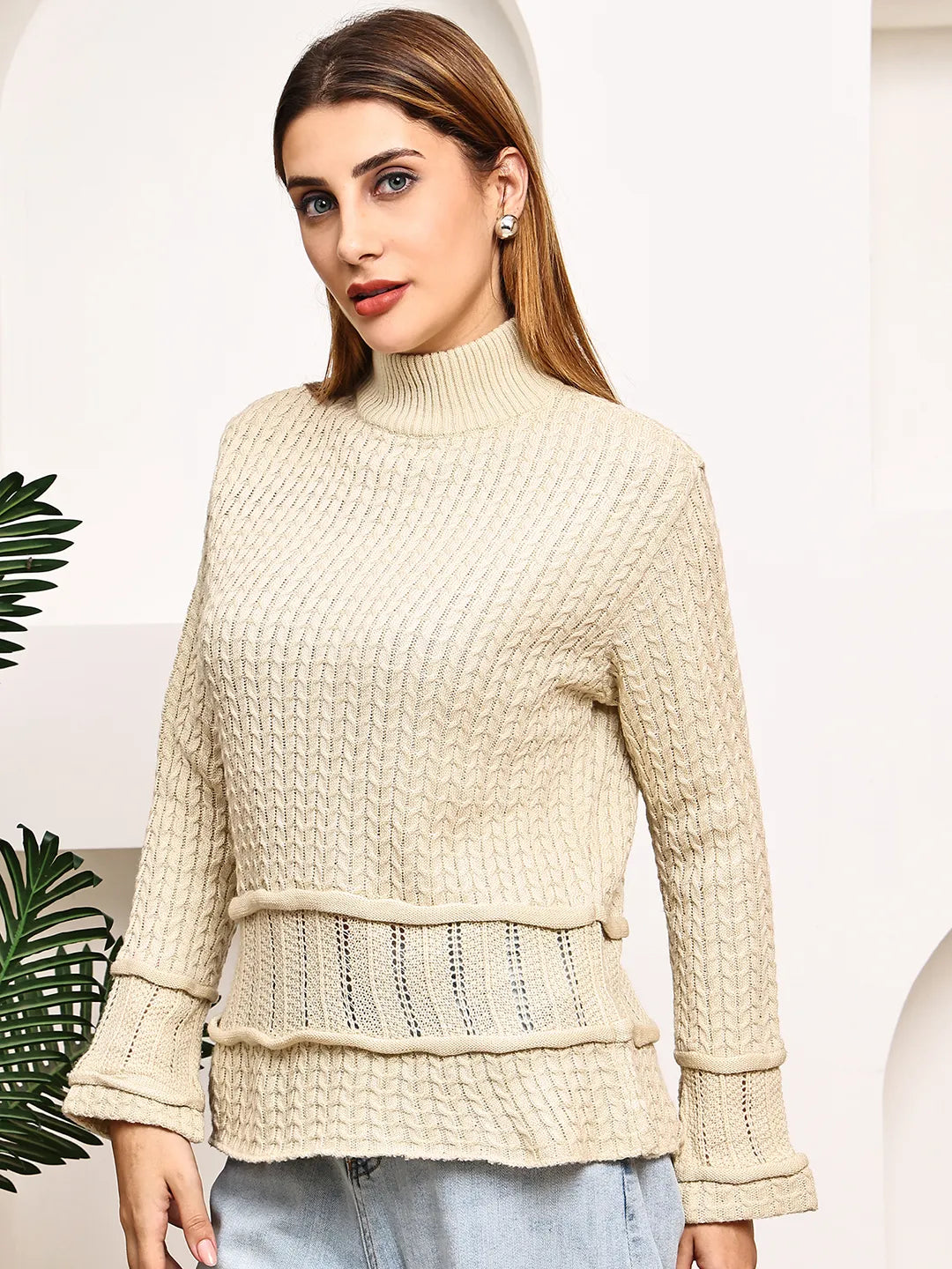 Cream High-Neck Cable Knit Sweater for Women – Soft Acrylic, Stylish Self-Design