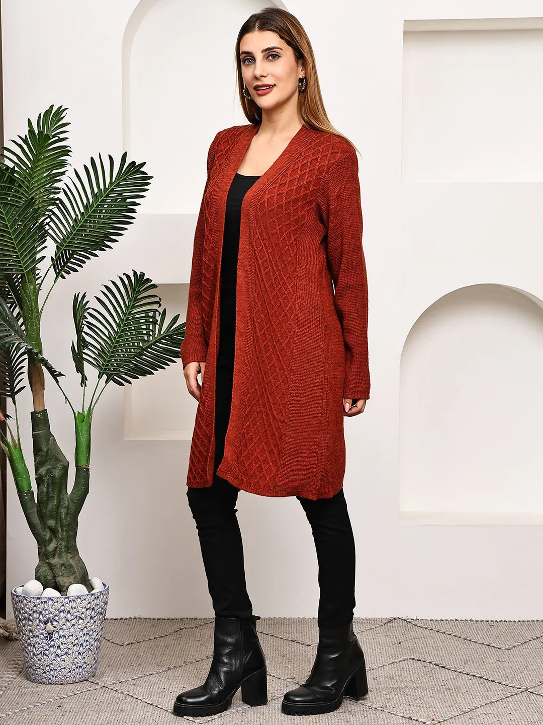 Brick Red Cable-Knit Shrug for Women