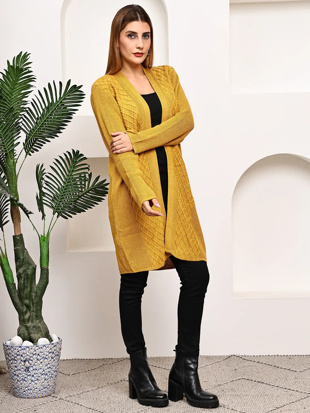Mustard Cable-Knit Shrug for Women