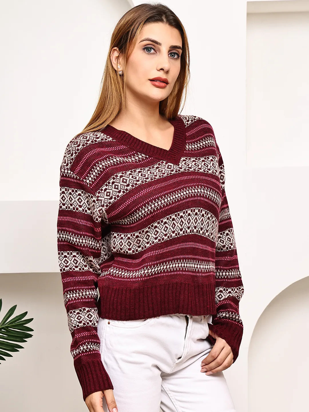 Maroon V-Neck Fair Isle Sweater for Women – Geometric Jacquard Knit