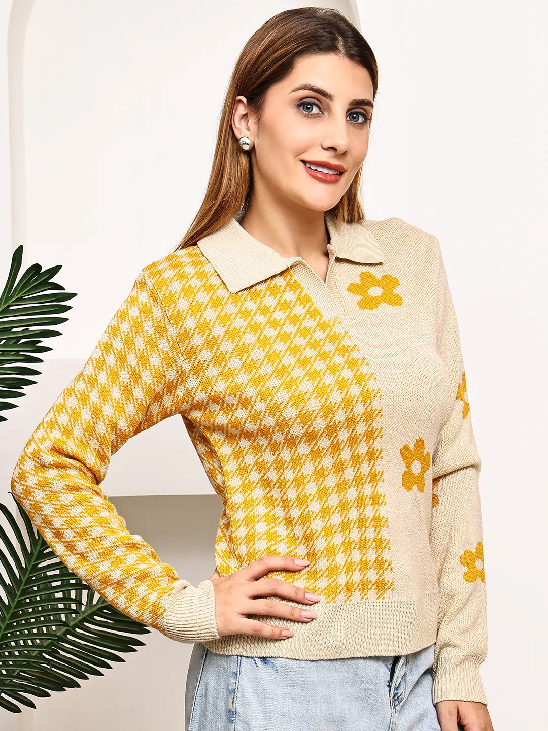 Beige & Mustard Floral Polo Sweater Top for Women – Jacquard Knit