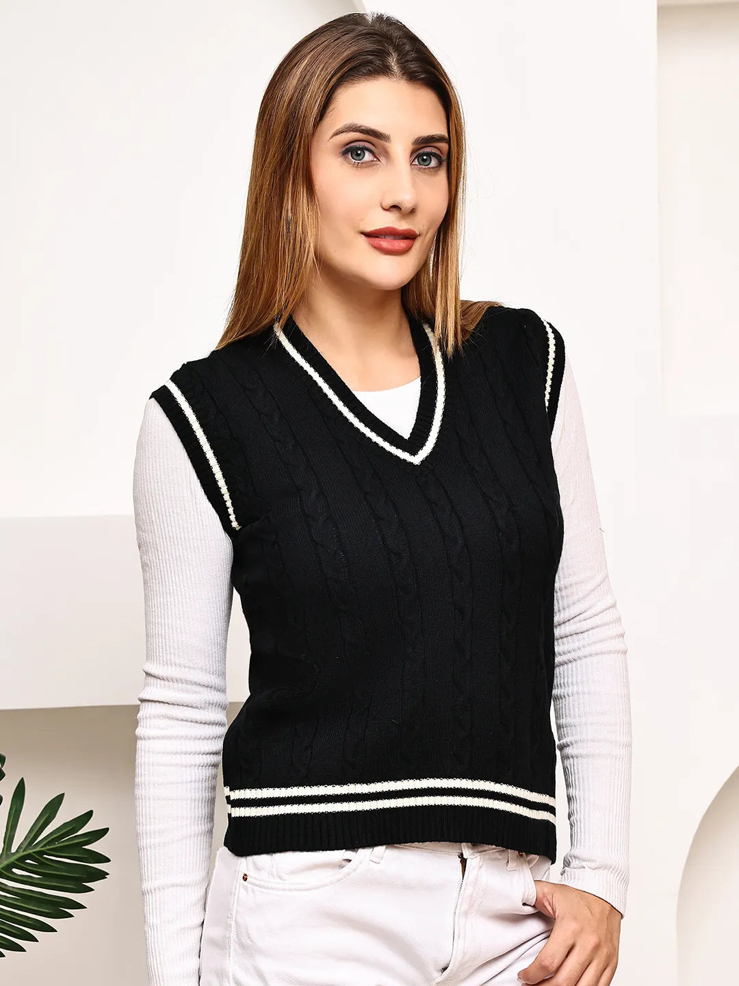 Black Cable-Knit Varsity Sleeveless