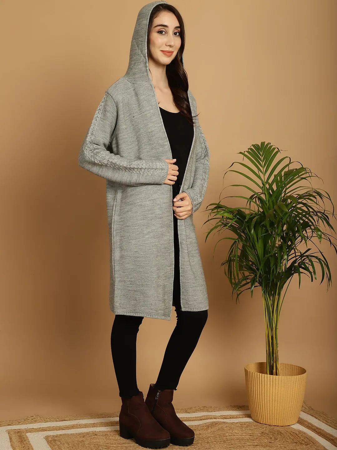 Heather Grey Cable-Knit Hoodie Shrug for Women