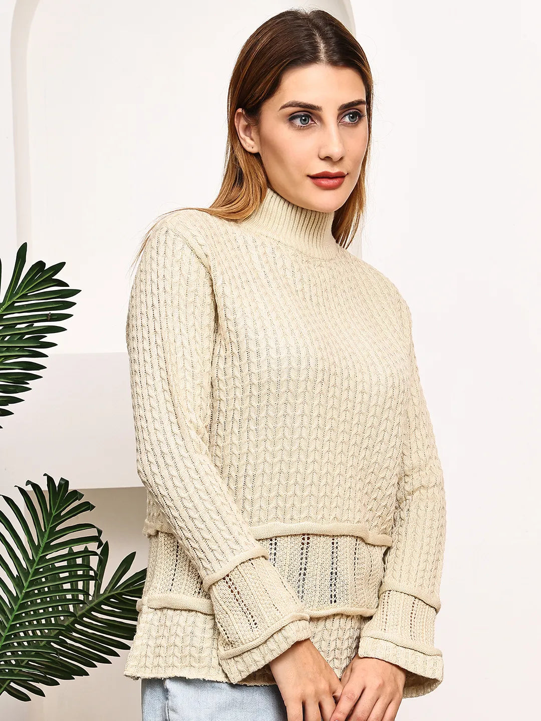 Cream High-Neck Cable Knit Sweater for Women – Soft Acrylic, Stylish Self-Design