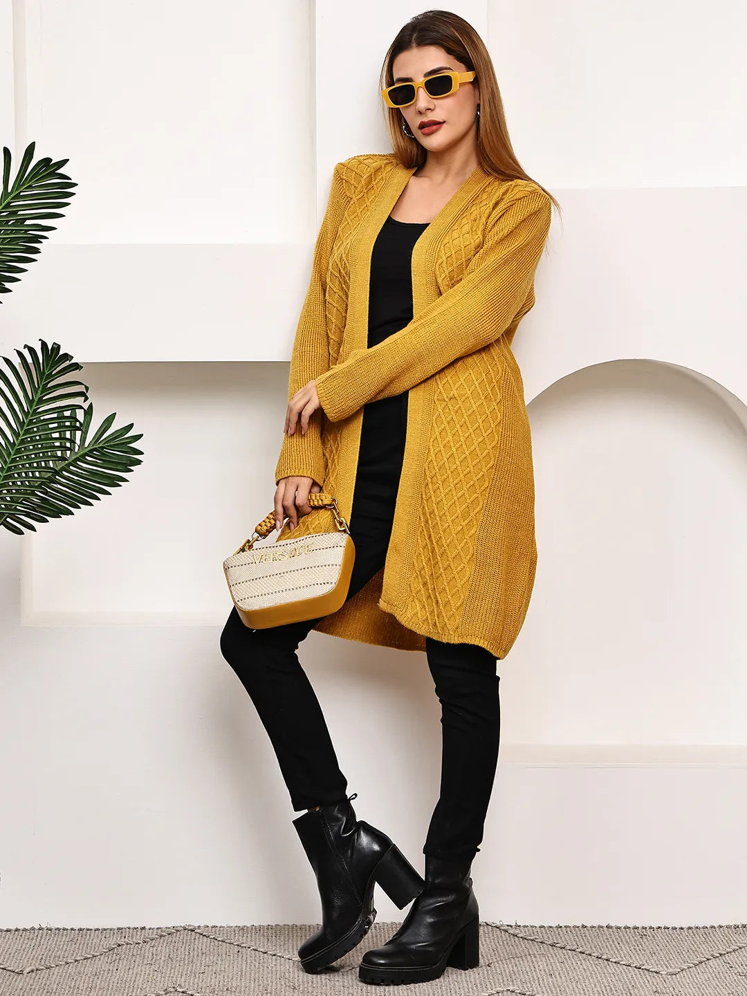 Mustard Cable-Knit Shrug for Women