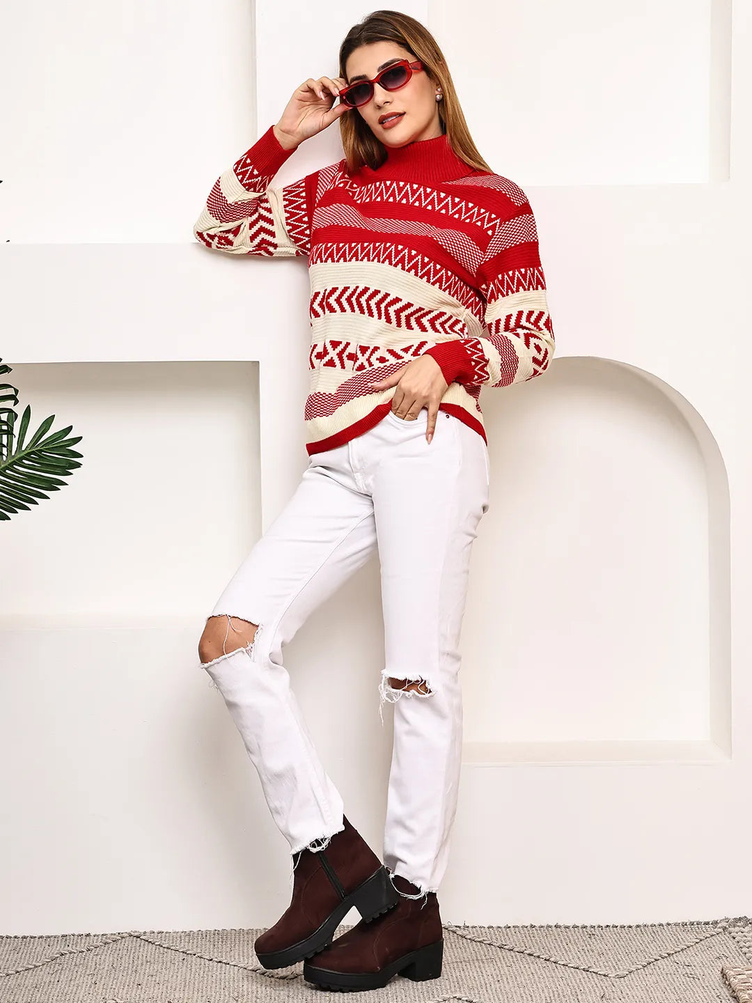 Red & Cream Graphic Patterned Turtleneck Sweater for Women – Geometric Jacquard