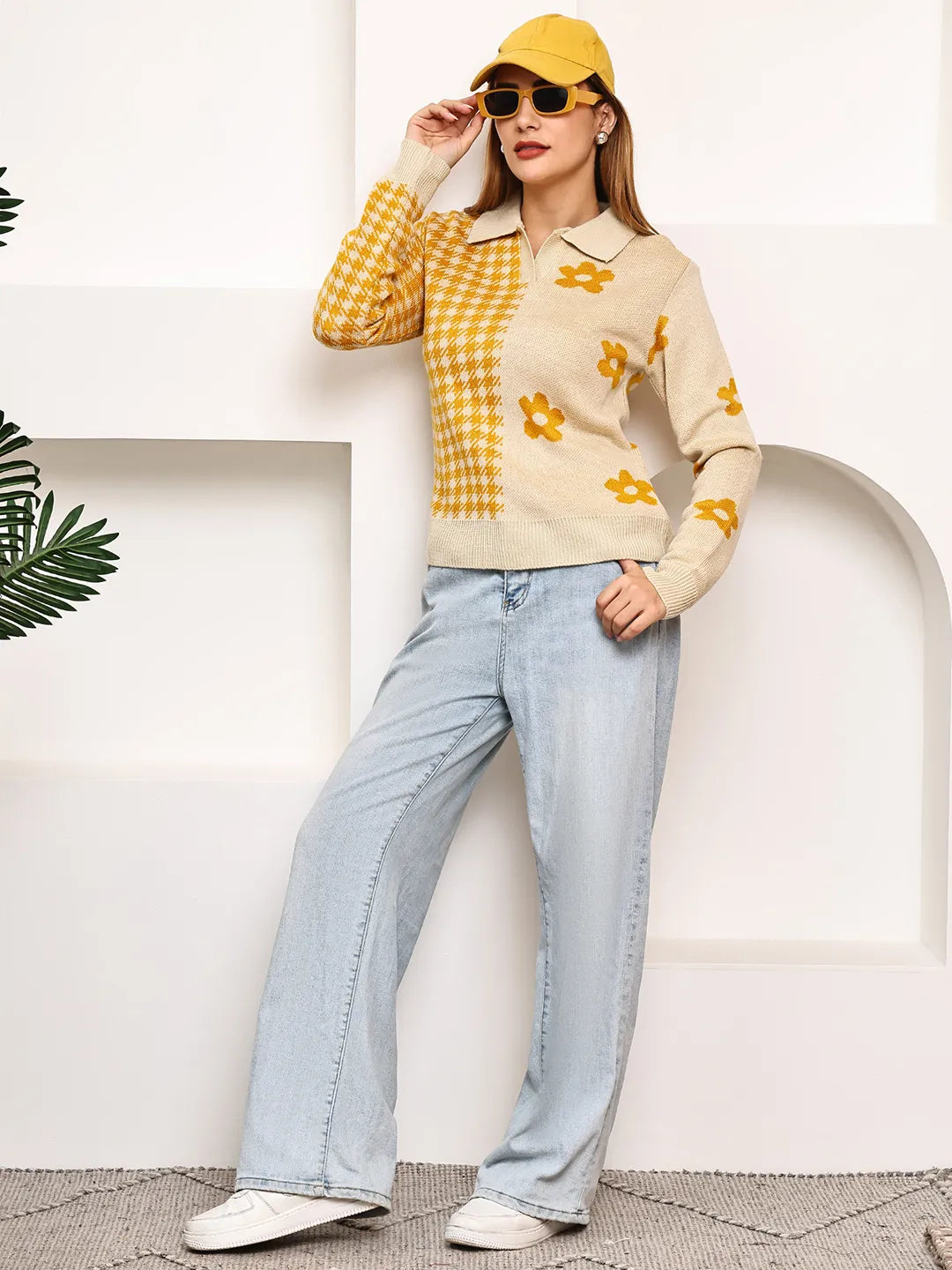 Beige & Mustard Floral Polo Sweater Top for Women – Jacquard Knit
